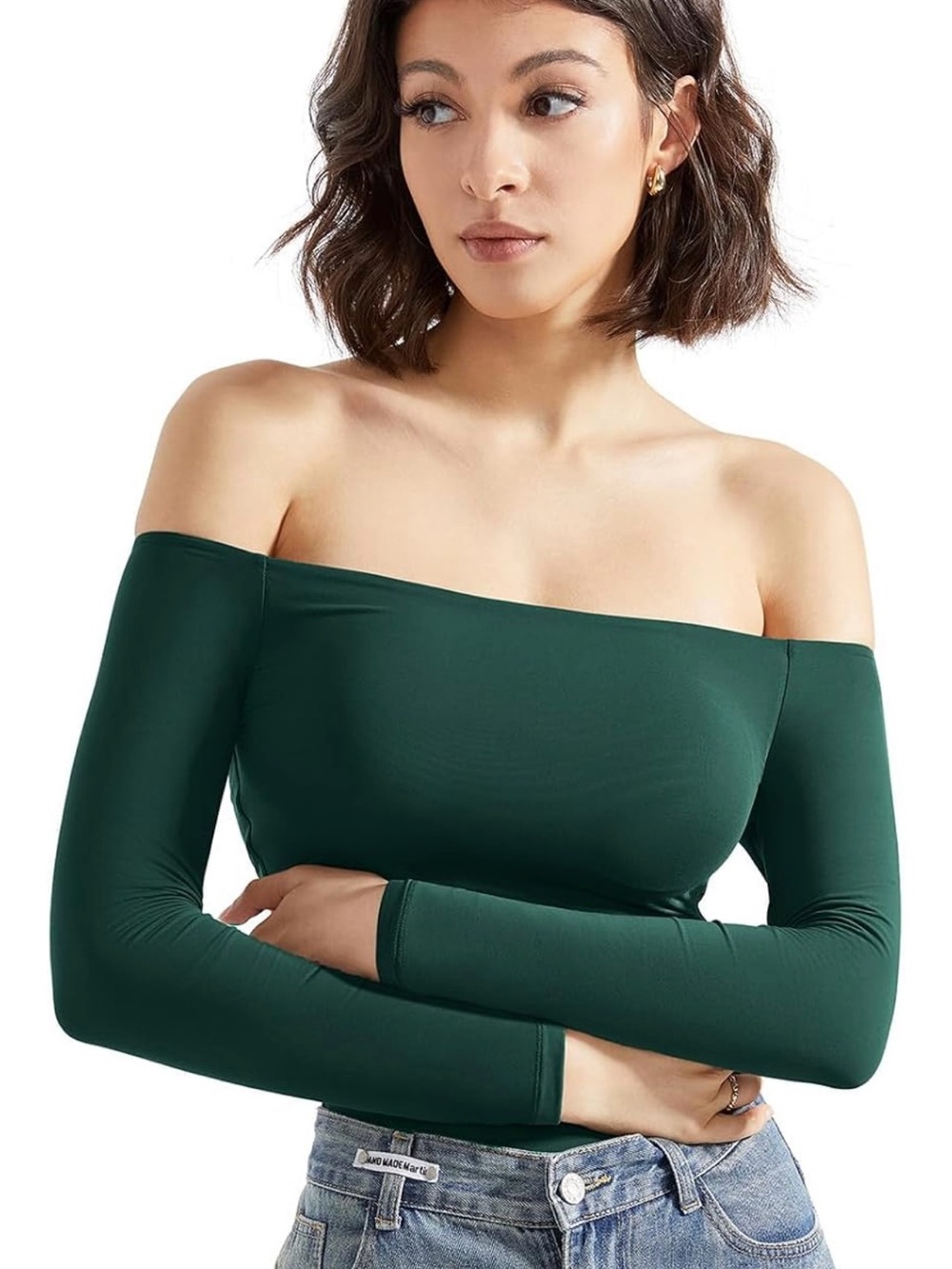 Off-Shoulder Long Sleeve Bodysuit in Forest Green - Women's